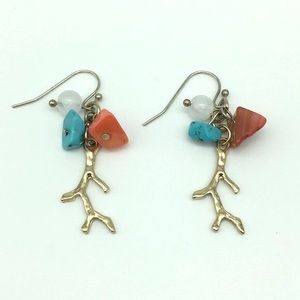 Beach Bead Earrings Turquoise Mother of Pearl Beads Gold Tone Dangle Drop Hooks